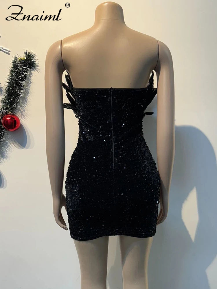 M&T Wear - Luxury Birthday Women’s Feathers Sequin Strapless Deep V-neck Black Bodycon Mini Dresses Sexy Club Party Night Prom Robe