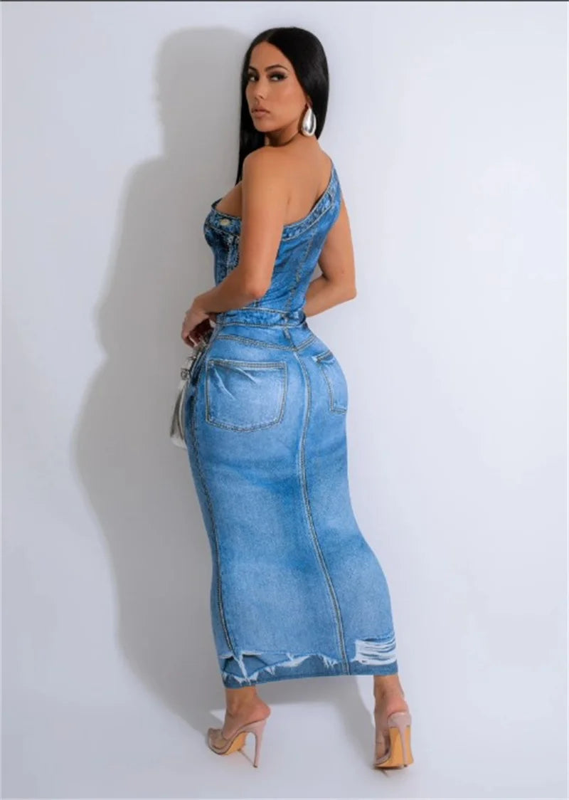 M&T Wear- Fake Denim 3D Print One Shoulder Bodycon Maxi Dress Women 2025 Party Night Sleeveless Clubwear Birthday Long Dresses Vestido