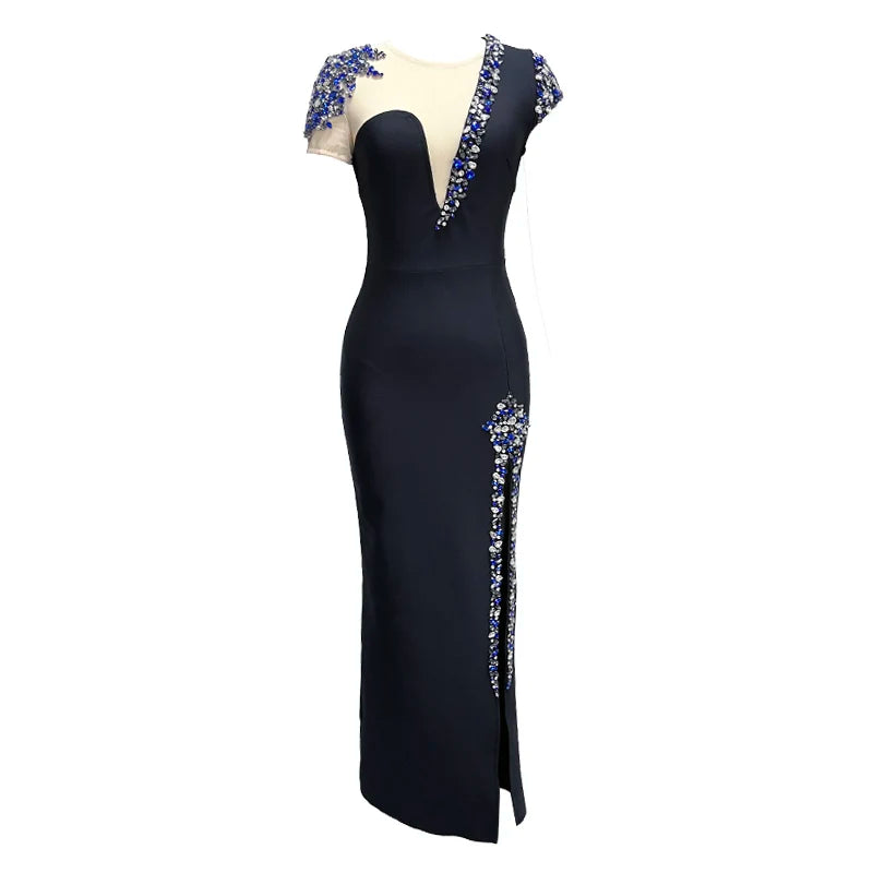 M&T Wear - VC Colorful Diamonds Bandage Long Dress Crystal Side Mesh