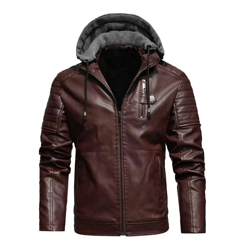 M&T Wear - Faux Leather Jacket Men Fashion Men's Hooded Jackets Autumn Winter Military Style Outwear Zipper Pockets Coat Detachable Hat