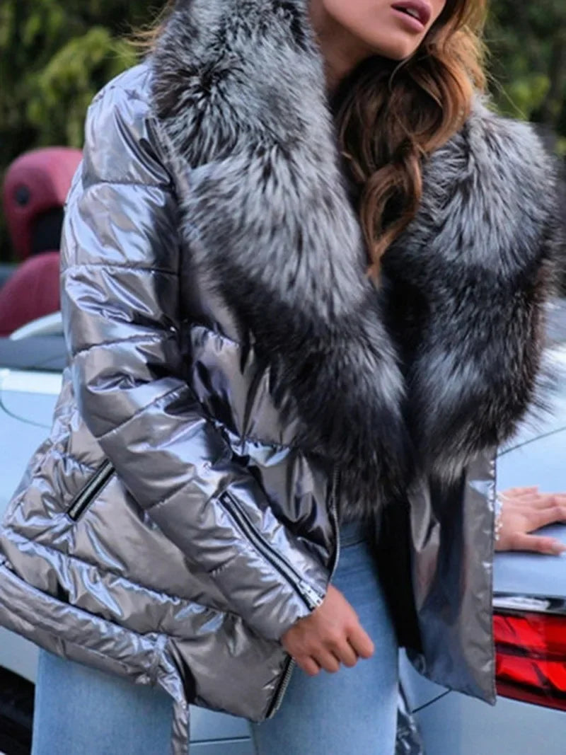 M&T Wear - Winter Coat Women Bright Surface Large Collar Short Down Cotton Jacket Punk Style Slim