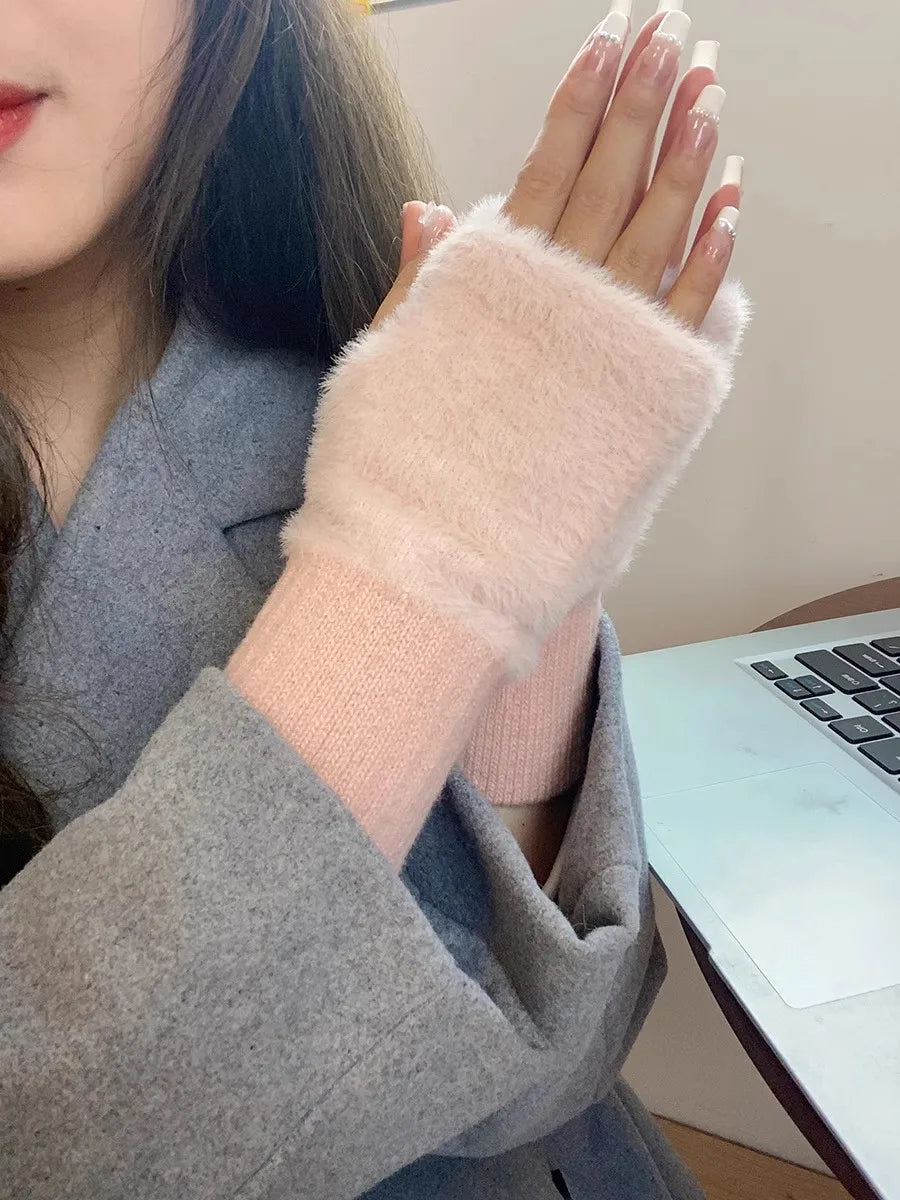 M&T Wear - Soft Winter Half Finger Gloves Women Warm Luxury Solid White Plush Knitted Fingerless Gloves Wrist Mittens Writting