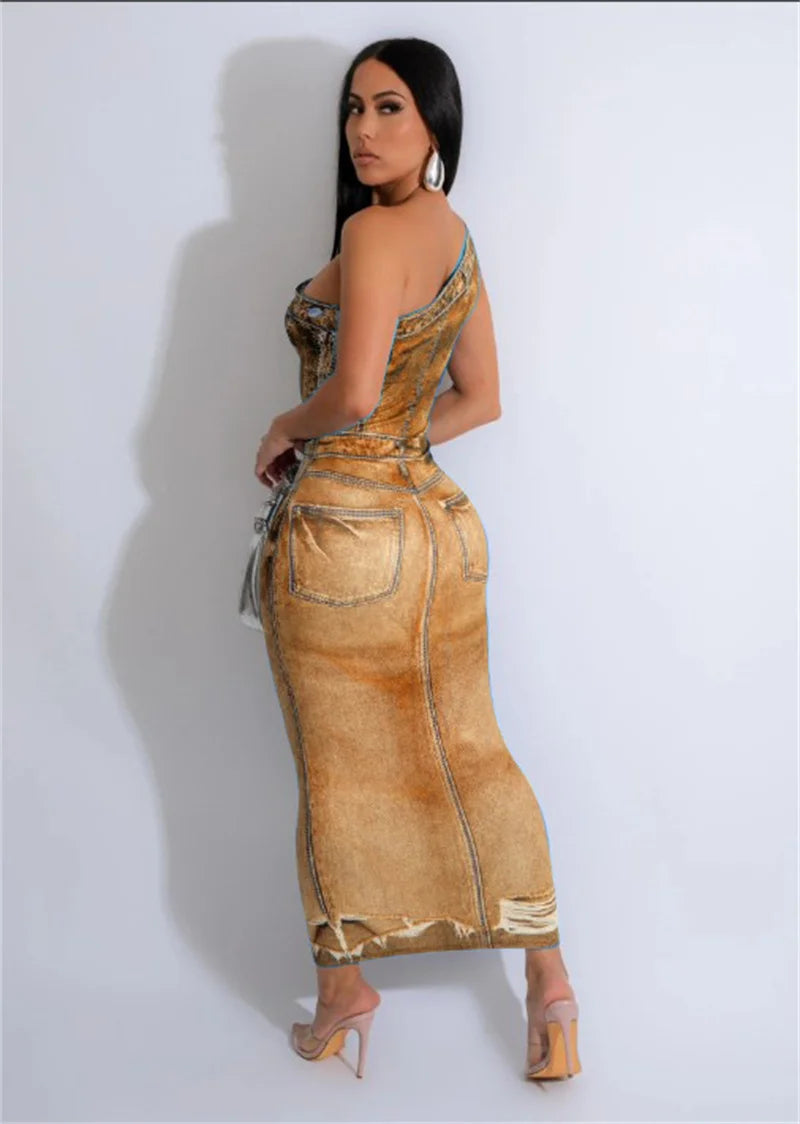 M&T Wear- Fake Denim 3D Print One Shoulder Bodycon Maxi Dress Women 2025 Party Night Sleeveless Clubwear Birthday Long Dresses Vestido