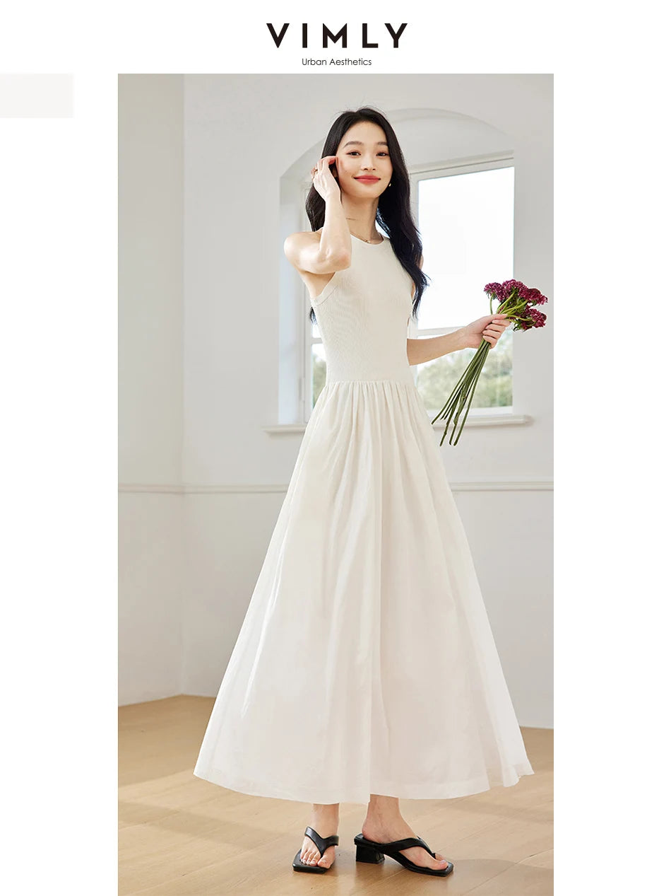 M&T Wear - VIMLY Women White Knit Vest Long Dresses Summer New Simple Elegant Sleeveless Waisted Temperament Party Evening A-Line Dress