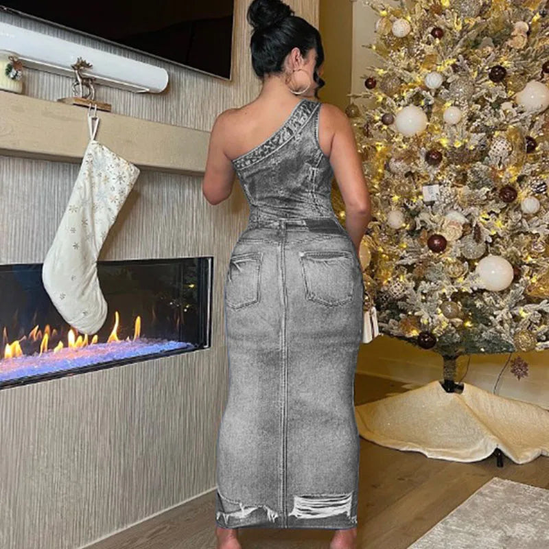 M&T Wear- Fake Denim 3D Print One Shoulder Bodycon Maxi Dress Women 2025 Party Night Sleeveless Clubwear Birthday Long Dresses Vestido