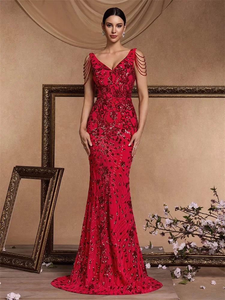 M&T Wear - Elegant Deep V-Neck Red Sequin Formal Evening Dresses Women Beading Wedding Party Mermaid Cocktail Prom Graduation Gown