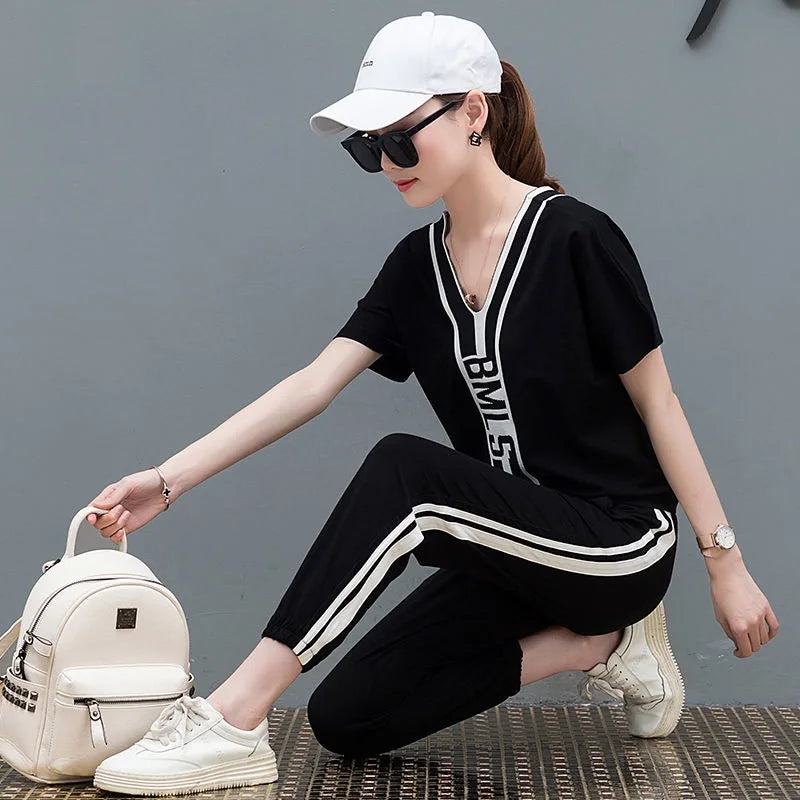 M&T Wear - Tracksuits Women 2 Pieces Sets Casual Short Sleeve V-Neck Pullover Tops Trousers Sportswear Suit 2025 New Elegant Female Clothes