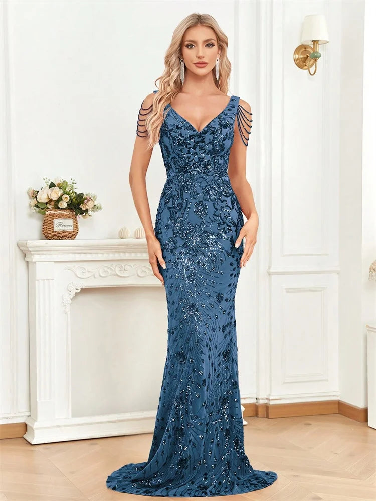 M&T Wear - Elegant Deep V-Neck Red Sequin Formal Evening Dresses Women Beading Wedding Party Mermaid Cocktail Prom Graduation Gown