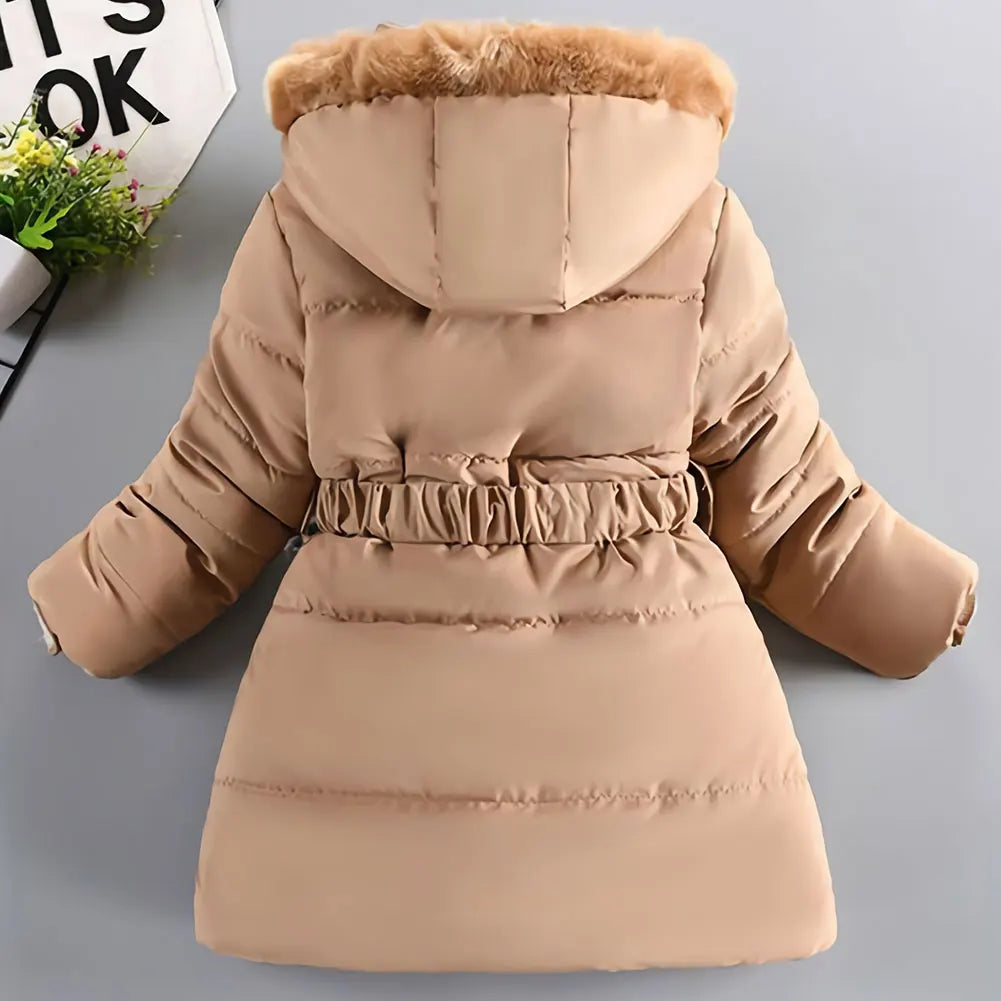 M&T Wear - Children's Winter Jacket Thick Warm Fur Collar Hood Beads Elastic Waist Teens Girls Down Coat,Fashion Windproof Kids Overcoat