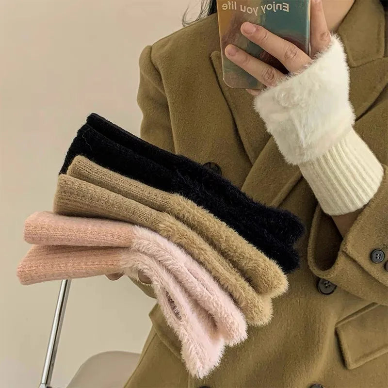 M&T Wear - Soft Winter Half Finger Gloves Women Warm Luxury Solid White Plush Knitted Fingerless Gloves Wrist Mittens Writting