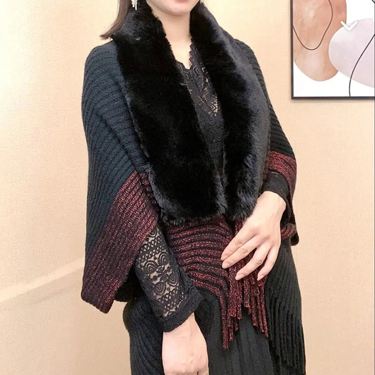 M&T Wear - Winter Hot Selling Women's Fur Collar Shawl Premium Quality Heavy Thick Knitting Shawl Luxury Designers Scarf Tassels Stoles