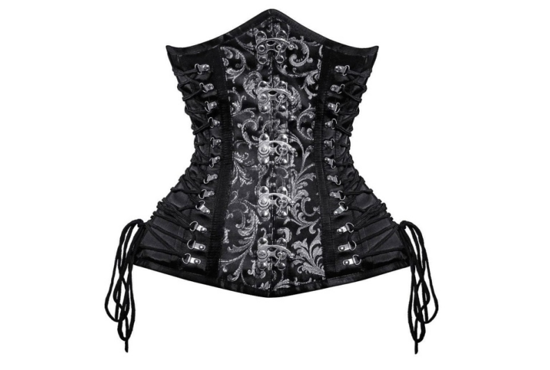 M&T Wear - Brocade & Satin Overbust Corset (Black Scroll)