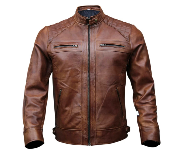 M&T Wear - Classic Tan Brown Quilted Leather Jacket (5-Years Cash Back Leather Guarantee)