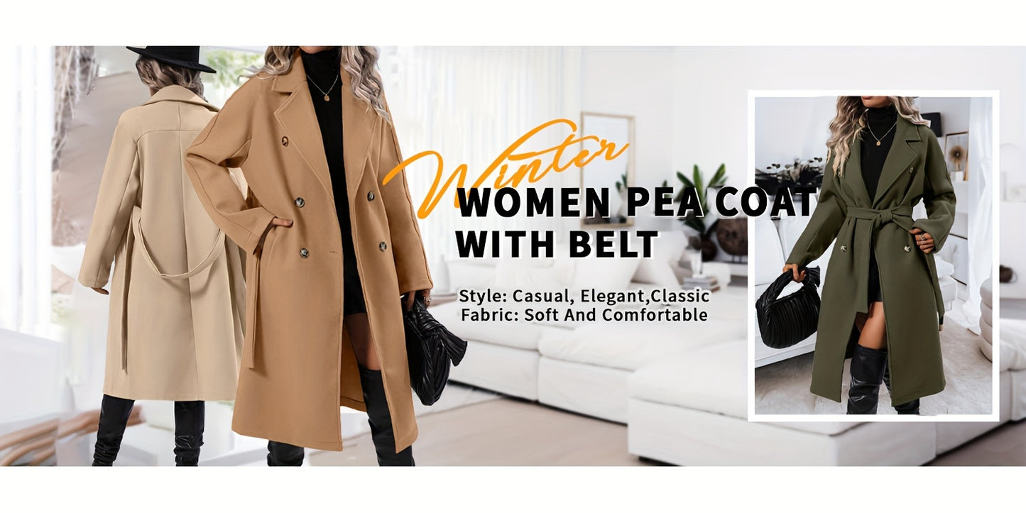 [Mid-Long Elegant Pea Coat Overcoats] Women Elegant Pea Coat Lapel Collar Double Breasted Mid-Long Winter Overcoats With Belted Pockets
