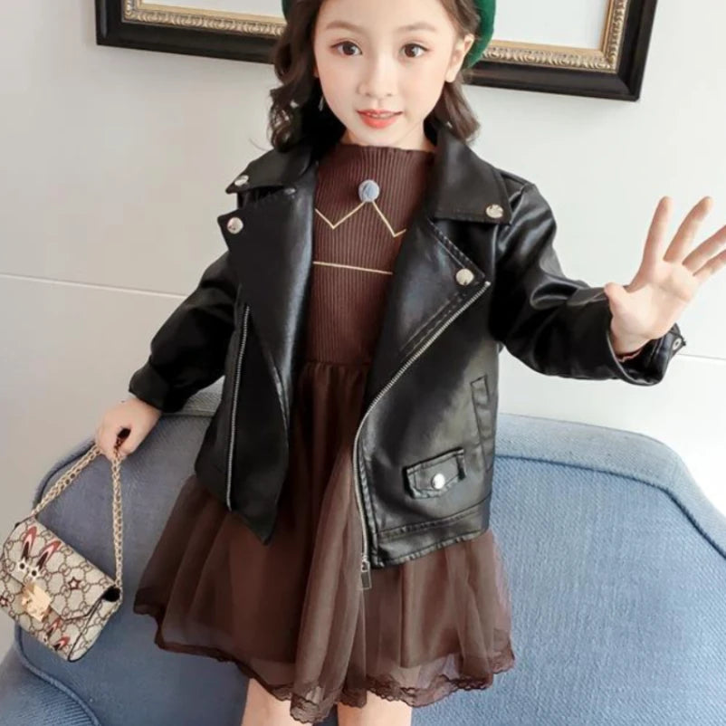 M&T Wear - Girls Jacket Leather Motorcycle Kids Coats Fleece Children Jacket Winter Autumn