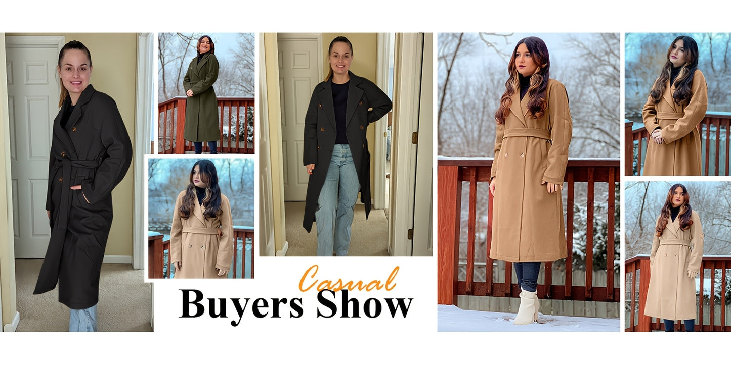 [Mid-Long Elegant Pea Coat Overcoats] Women Elegant Pea Coat Lapel Collar Double Breasted Mid-Long Winter Overcoats With Belted Pockets