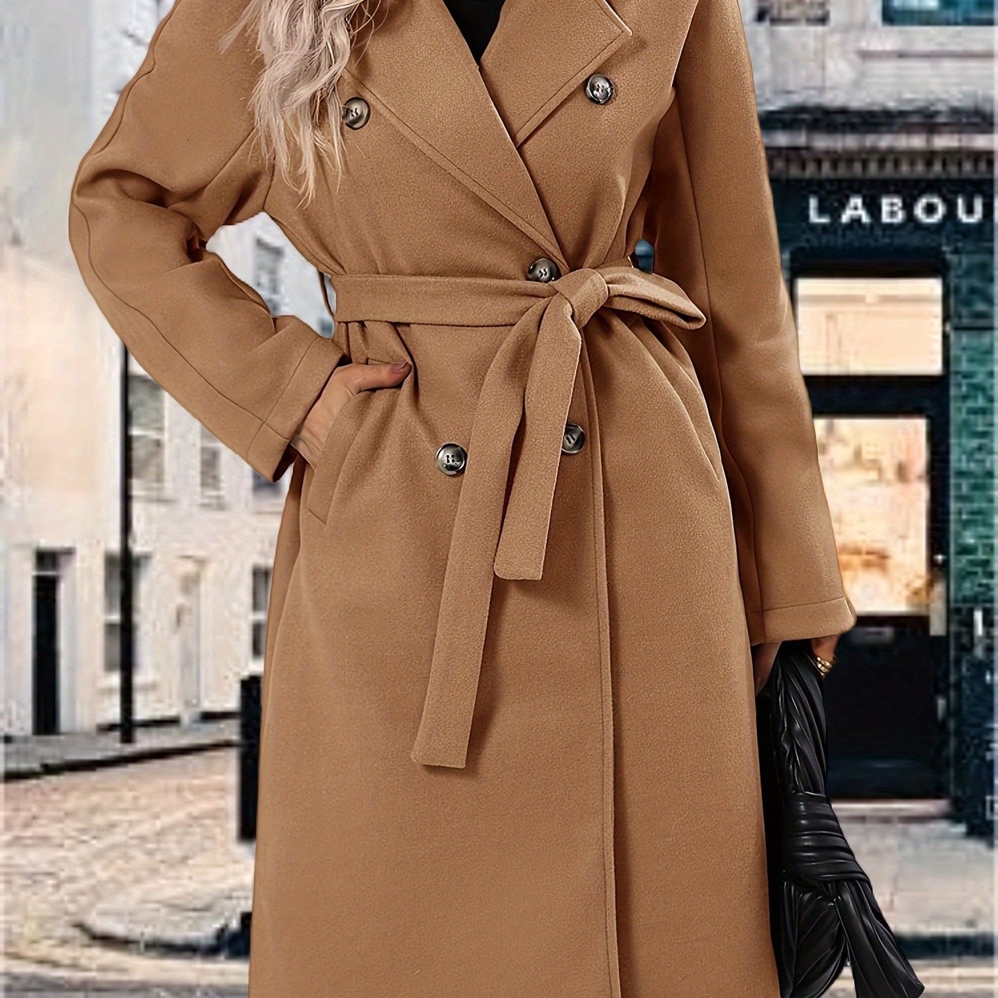 [Mid-Long Elegant Pea Coat Overcoats] Women Elegant Pea Coat Lapel Collar Double Breasted Mid-Long Winter Overcoats With Belted Pockets