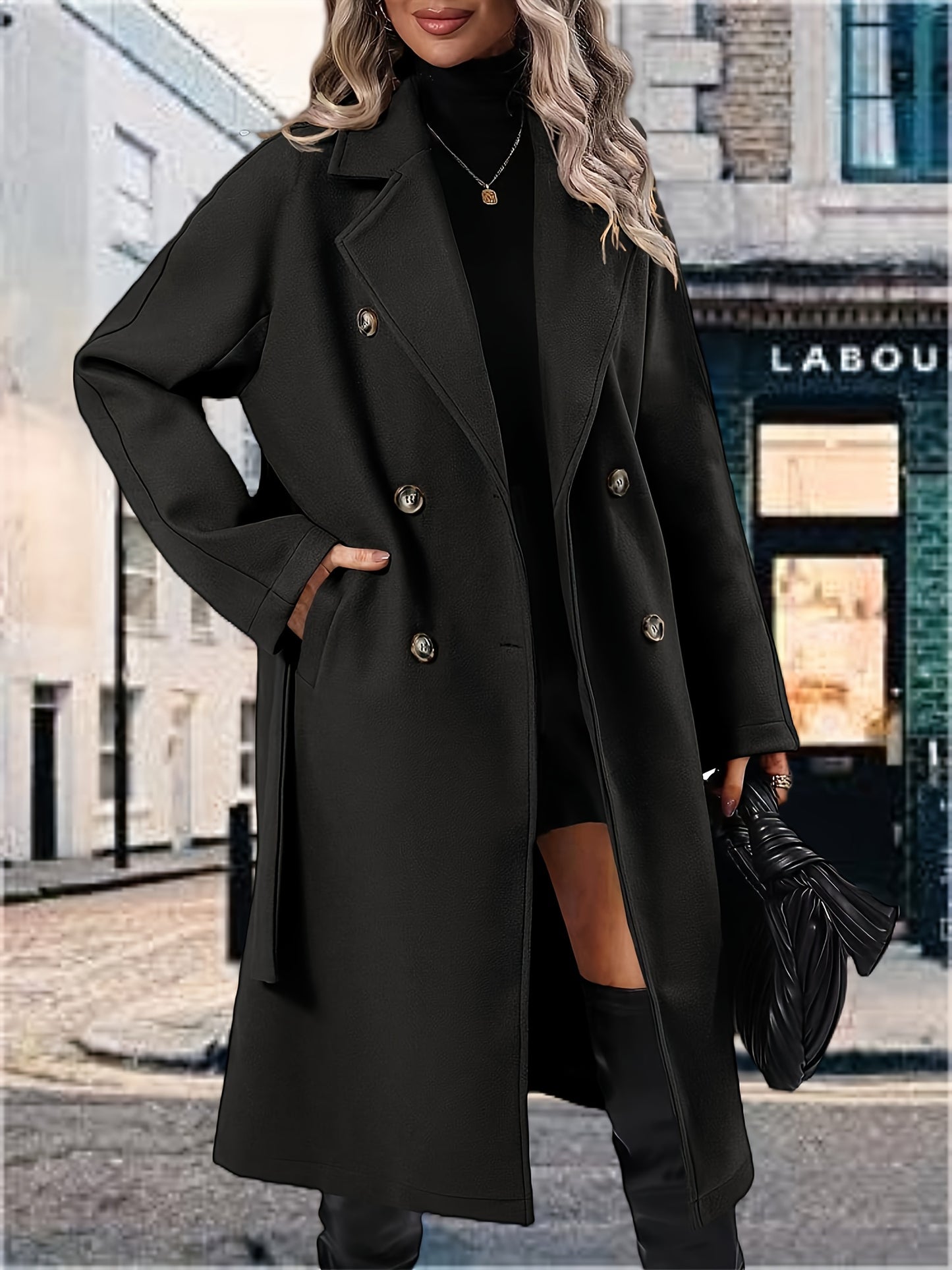 [Mid-Long Elegant Pea Coat Overcoats] Women Elegant Pea Coat Lapel Collar Double Breasted Mid-Long Winter Overcoats With Belted Pockets