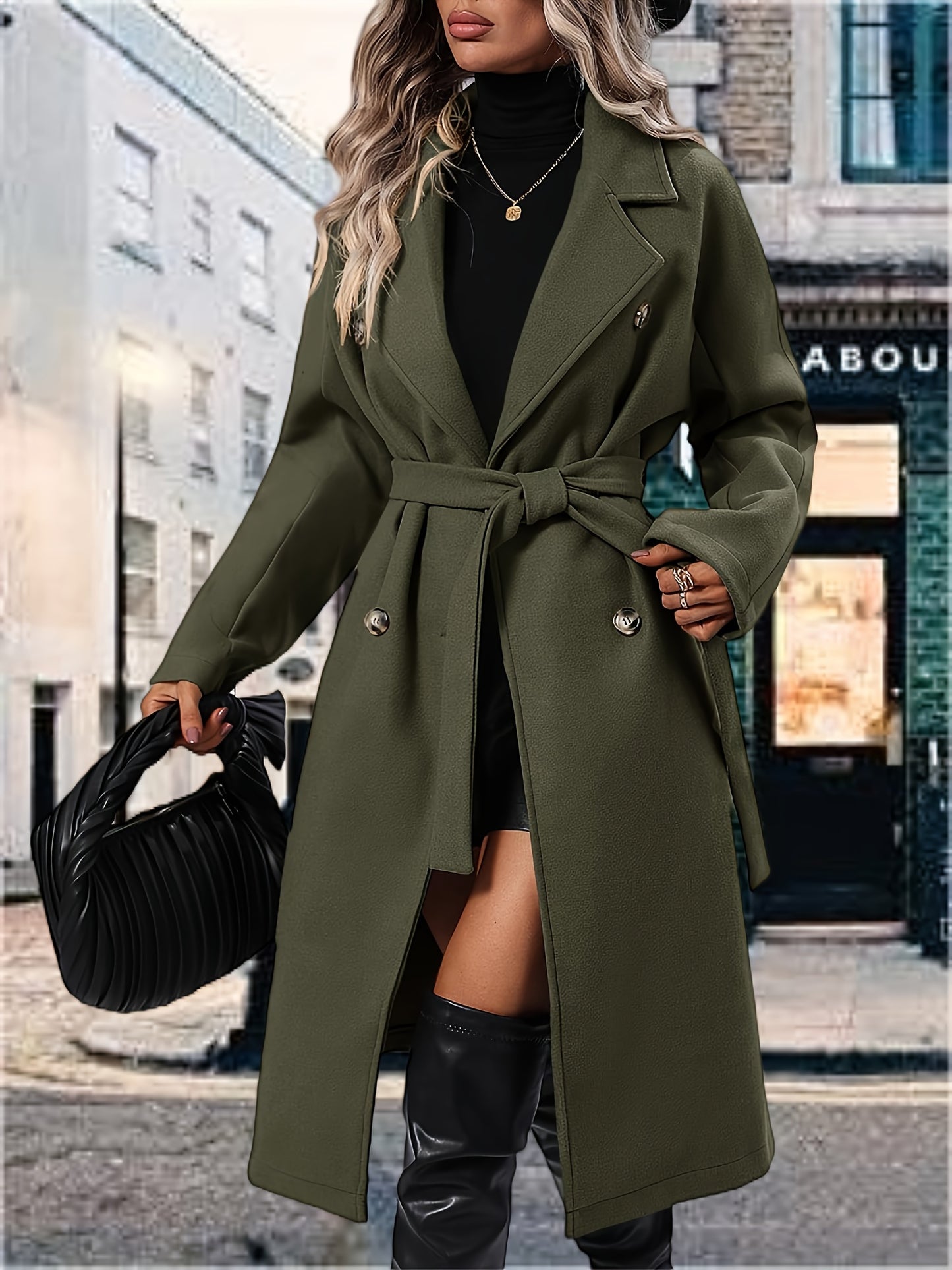[Mid-Long Elegant Pea Coat Overcoats] Women Elegant Pea Coat Lapel Collar Double Breasted Mid-Long Winter Overcoats With Belted Pockets