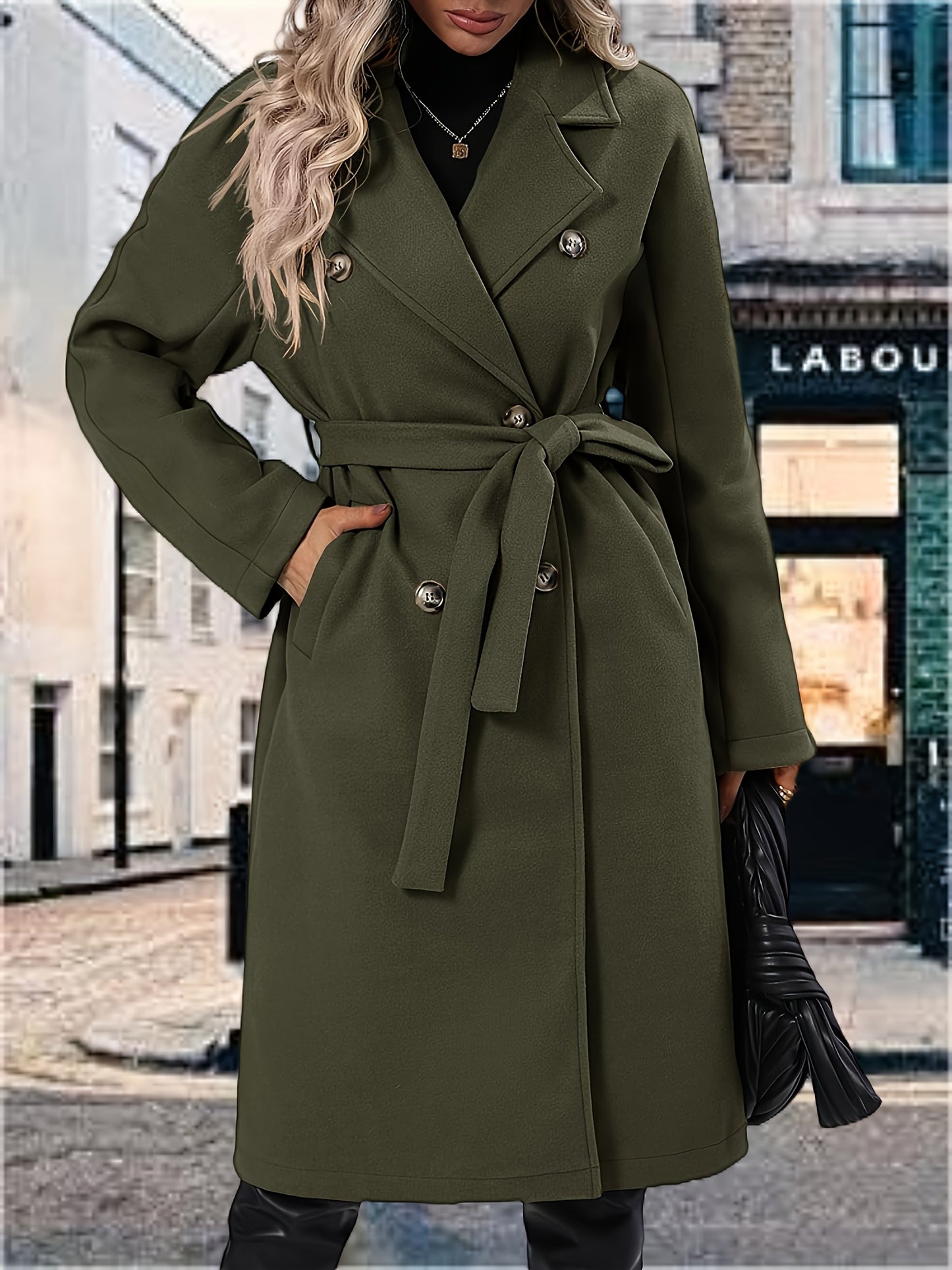 [Mid-Long Elegant Pea Coat Overcoats] Women Elegant Pea Coat Lapel Collar Double Breasted Mid-Long Winter Overcoats With Belted Pockets