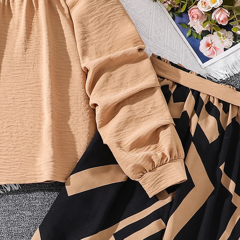 M&T Wear - Kids Clothing Sets For Girls Khaki Off-shoulder Long sleeve Top & Stripe Printing Pants Summer Resort Style Children Suits OOTD