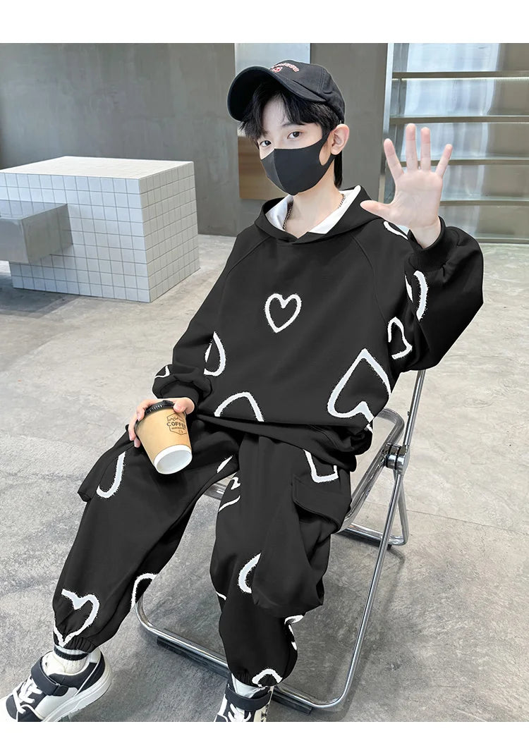 M&T Wear - Tracksuits for Kids 2025 Autumn Heart Print Casual School Boys Girls Hoodies+Pants Suits 5-14Years Teen Children Clothes Outfits