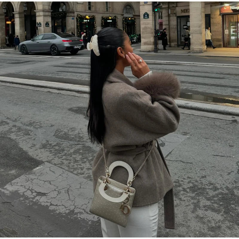 Elegant Solid Long Overcoat Women Turn-down Collar Lace Up Full Sleeve Classic Warm Coat 2025 New Lady Autumn Winter Casual Wear