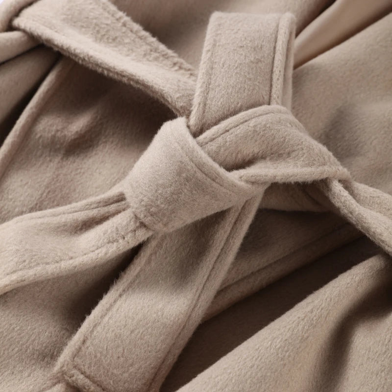 Elegant Solid Long Overcoat Women Turn-down Collar Lace Up Full Sleeve Classic Warm Coat 2025 New Lady Autumn Winter Casual Wear