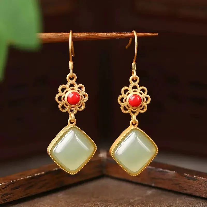 M&T Wear - Vintage Gilded Enamel Water-Drop Jade Earrings