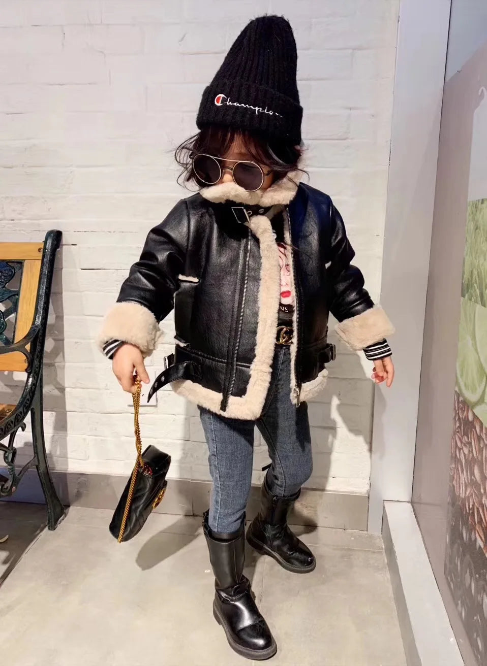 M&T Wear - Girls Jacket Leather Motorcycle Kids Coats Fleece Children Jacket Winter Autumn