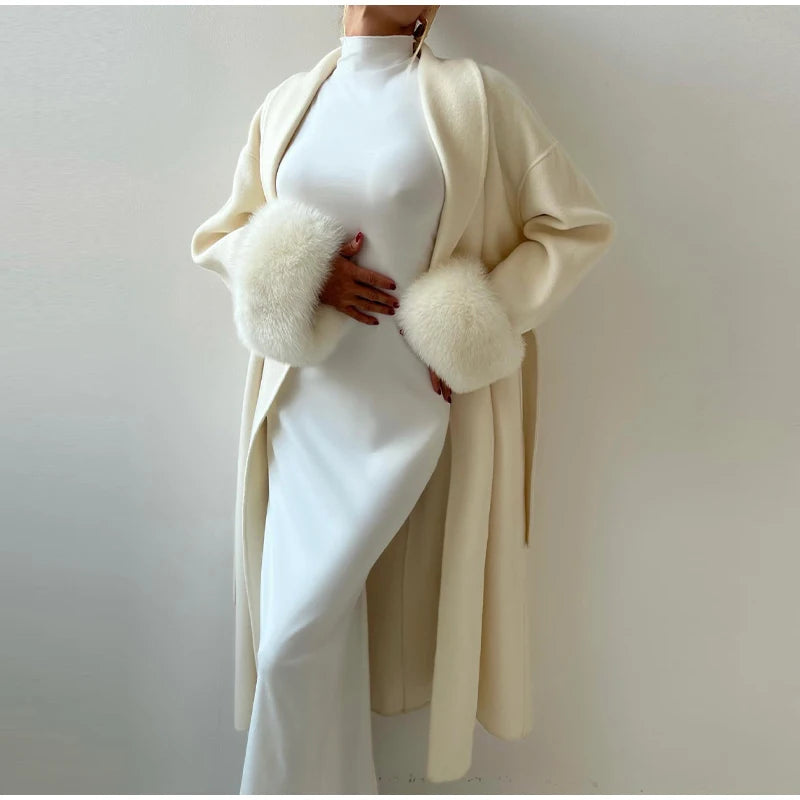 Elegant Solid Long Overcoat Women Turn-down Collar Lace Up Full Sleeve Classic Warm Coat 2025 New Lady Autumn Winter Casual Wear