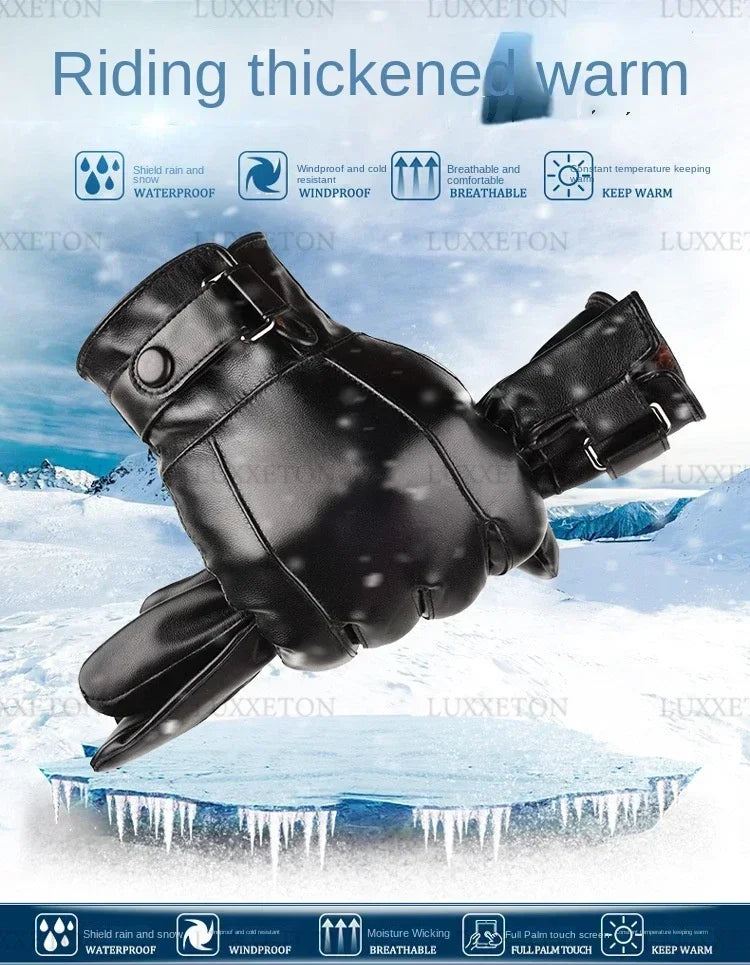 M&T Wear - Winter Gloves For Men Genuine Leather Gloves Outdoor Cycling Black Real Sheepskin Keep Warm Driving Motorcycle Gloves
