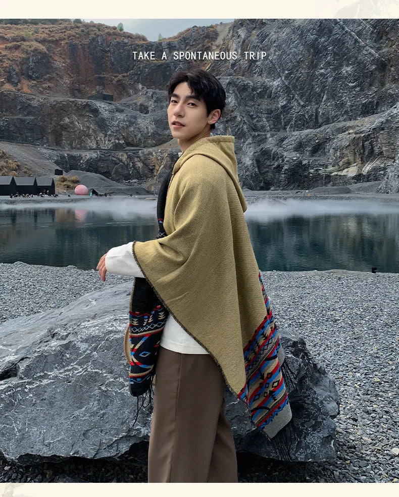 M&T Wear - Winter New Bohemian Shawl Men Ponchos Cashmere Blend Cape Coat Fringe Poncho Vintage Tassel Scarf Hooded Wraps Outwear