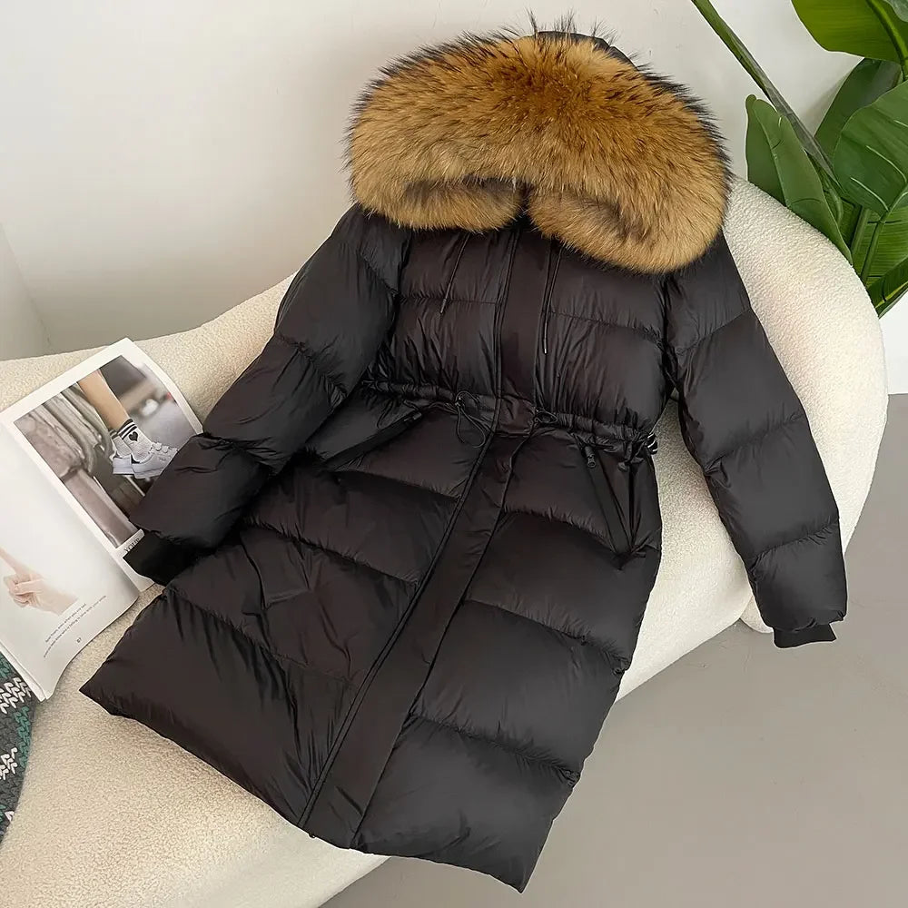 M&T Wear - Luxury Real Fox Fur Hooded White Duck Down Long Coat