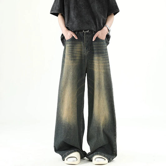 M&T Wear - Men Denim Pants Old Blue Washed Male Jeans Straight Casual Menswear Loose Wide Leg Trousers New Fashion Korean High Street Denim