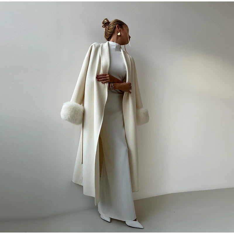 Elegant Solid Long Overcoat Women Turn-down Collar Lace Up Full Sleeve Classic Warm Coat 2025 New Lady Autumn Winter Casual Wear