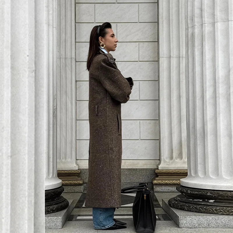 M&T Wear - Elegant Lace-Up Double-Breasted Long Wool Overcoat