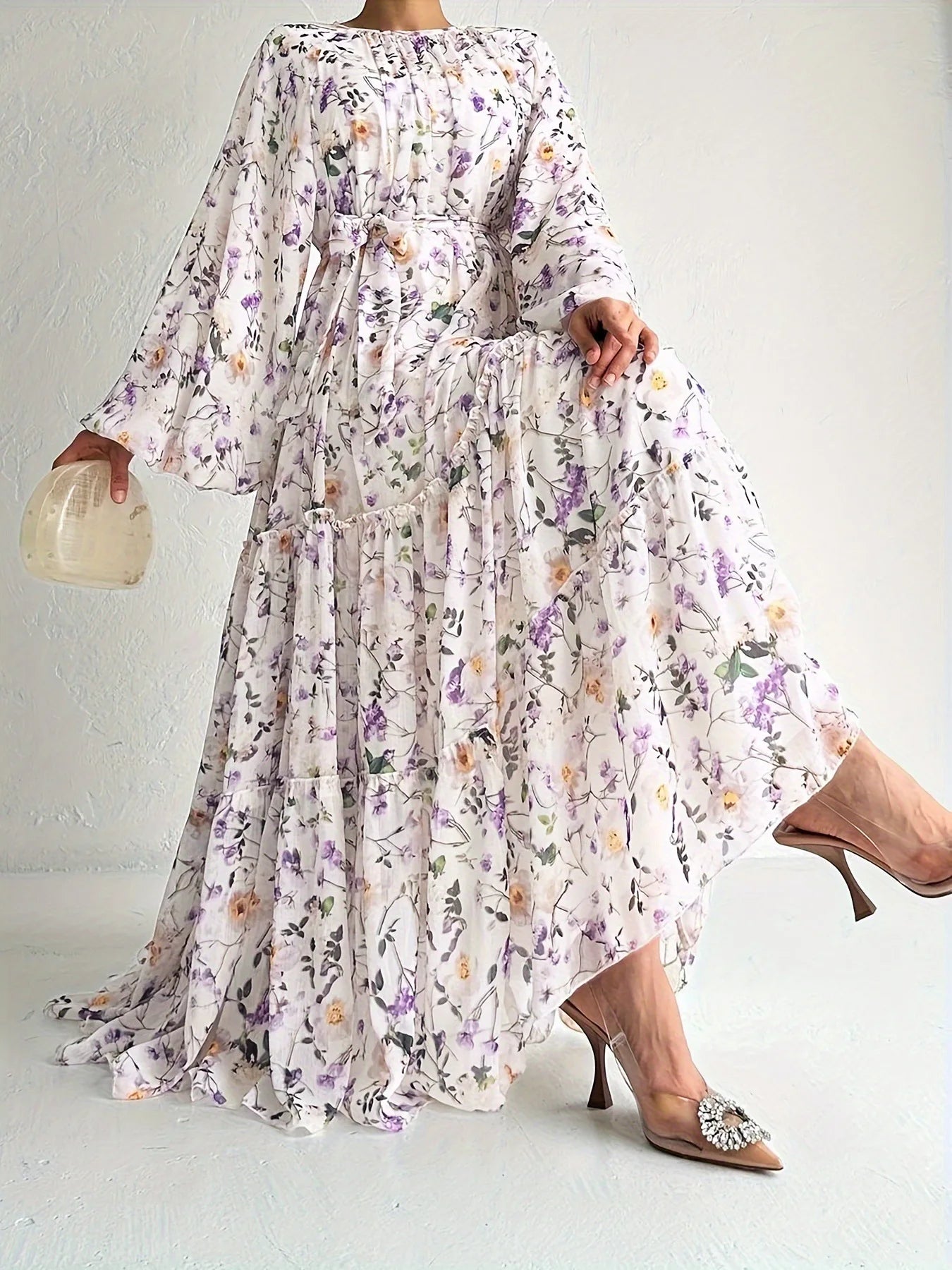 M&T Wear -  Floral Chiffon Abaya plus Dress with Belt