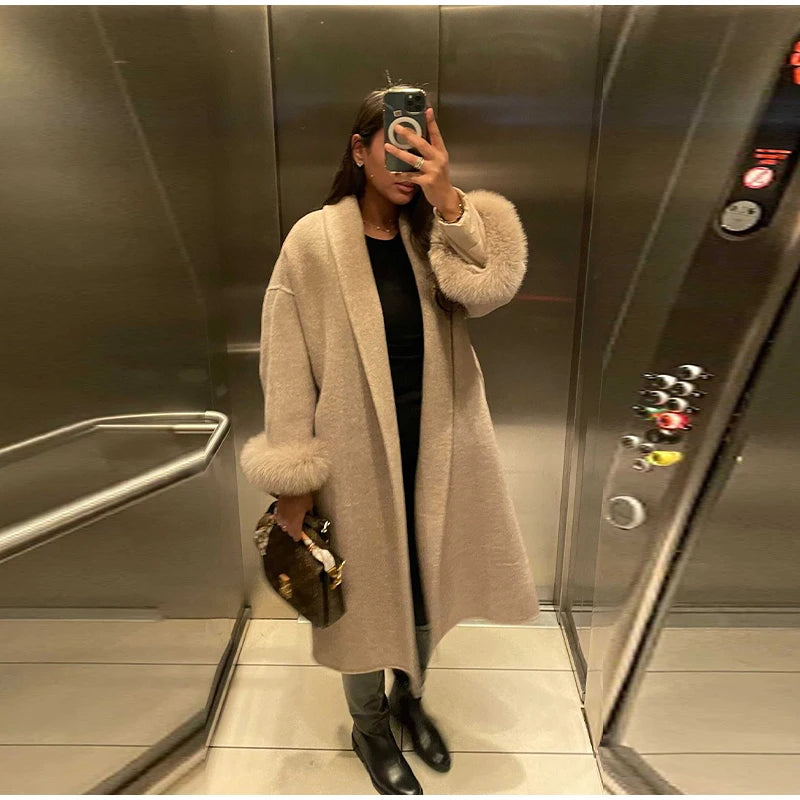 Elegant Solid Long Overcoat Women Turn-down Collar Lace Up Full Sleeve Classic Warm Coat 2025 New Lady Autumn Winter Casual Wear