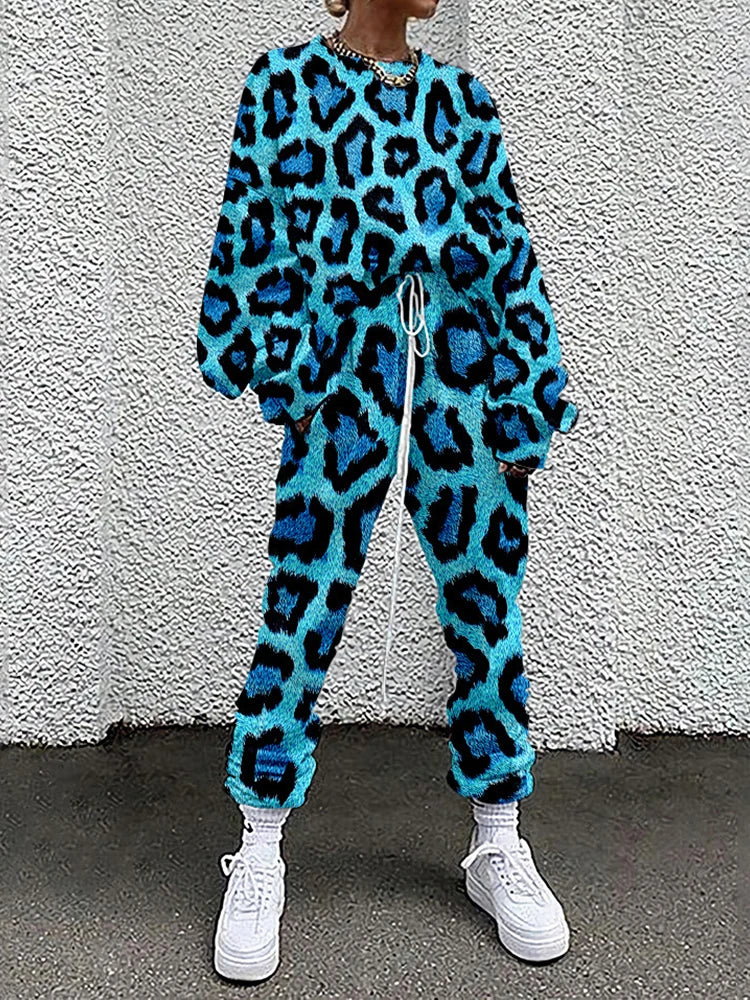 M&T Wear - Women Tracksuit Hipster Street Style Colorful Leopard Printed Casual Full Sleeve O Neck Sweatshirt + Drawstring Pants Two-pieces