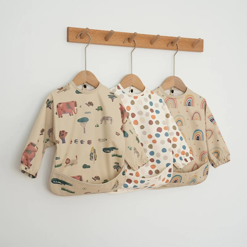 M&T Wear - Kids Baby Feeding Bibs Waterproof Long Sleeve Apron with Pocket Toddler Burp Cloth Boys Girls Anti-dirty Art Smock Baby Stuff