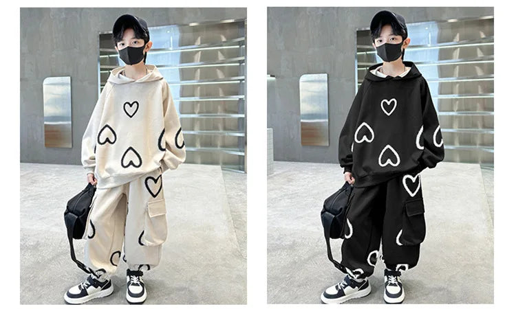 M&T Wear - Tracksuits for Kids 2025 Autumn Heart Print Casual School Boys Girls Hoodies+Pants Suits 5-14Years Teen Children Clothes Outfits