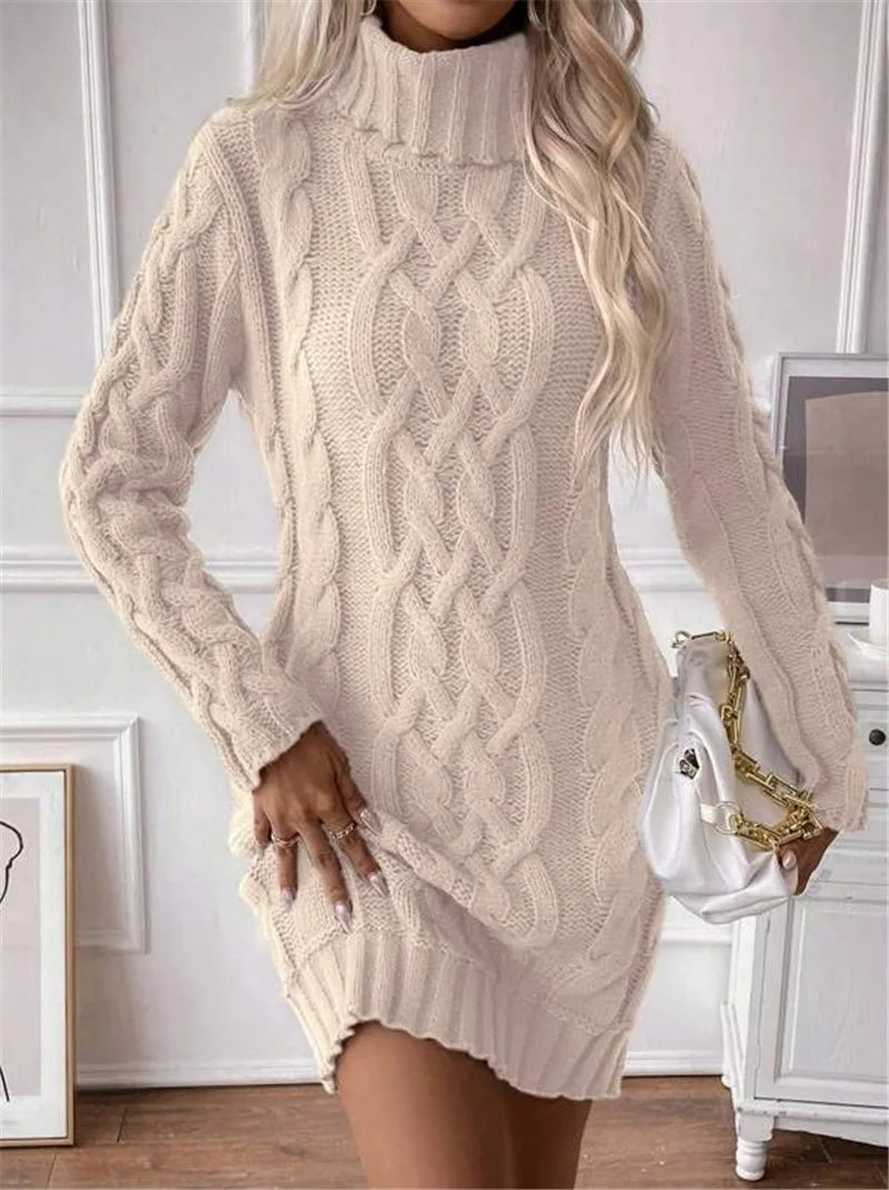 M&T Wear - Simple Slim-Fit High-Neck Mini Sweater Dress