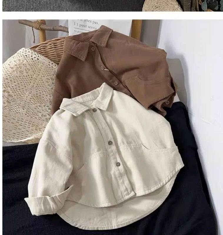 M&T Wear - Korean Children's Clothes 2025 Cotton Solid Color Long Sleeve Shirt for Boy 2-6Y Kids Blouse for Girls Loose Fit Casual Shirt
