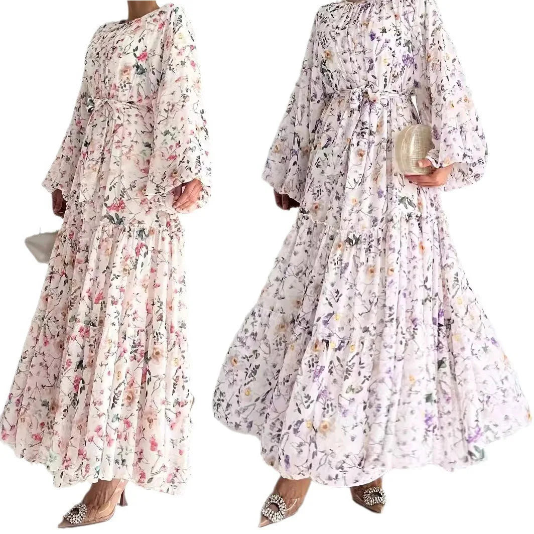 M&T Wear -  Floral Chiffon Abaya plus Dress with Belt