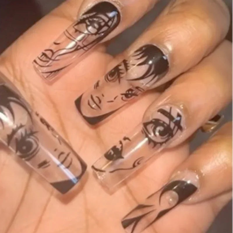 M&T Wear – 24PCS Black & White French Tips Press-On Nails with Anime Comics Design