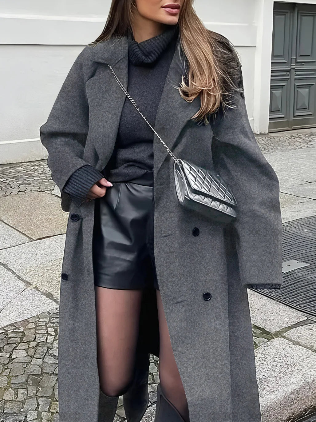 M&T Wear - Casual Loose-Fitting Long Woolen Coat with Double Button Front