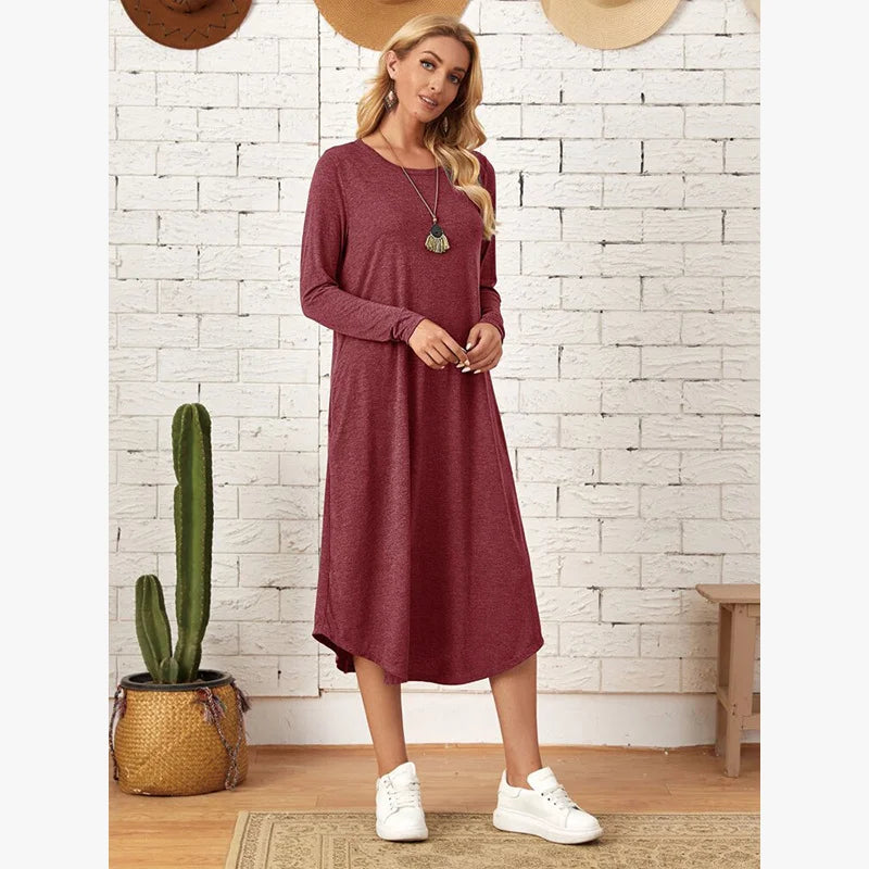 Women's 2025 Fall Winter Knit Dress - Solid Color Swing Dress with Side Pockets, Casual A-Line Tunic Dress