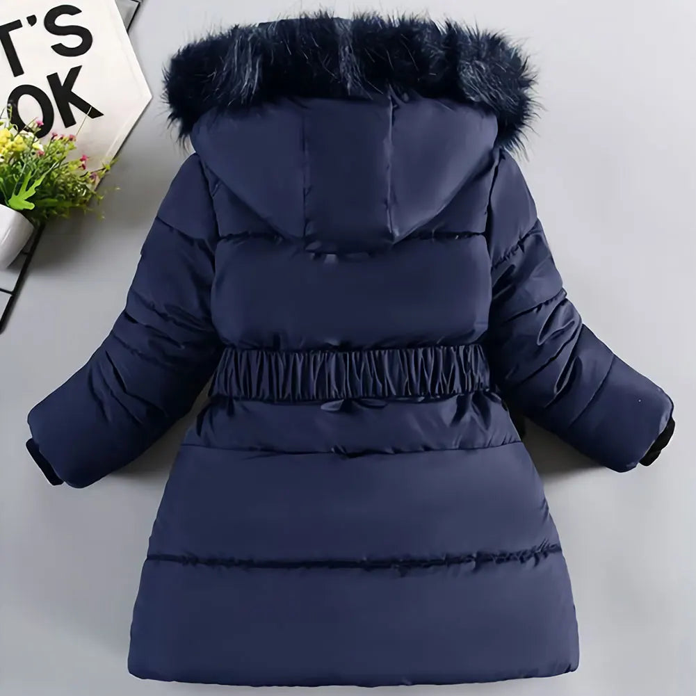M&T Wear - Children's Winter Jacket Thick Warm Fur Collar Hood Beads Elastic Waist Teens Girls Down Coat,Fashion Windproof Kids Overcoat