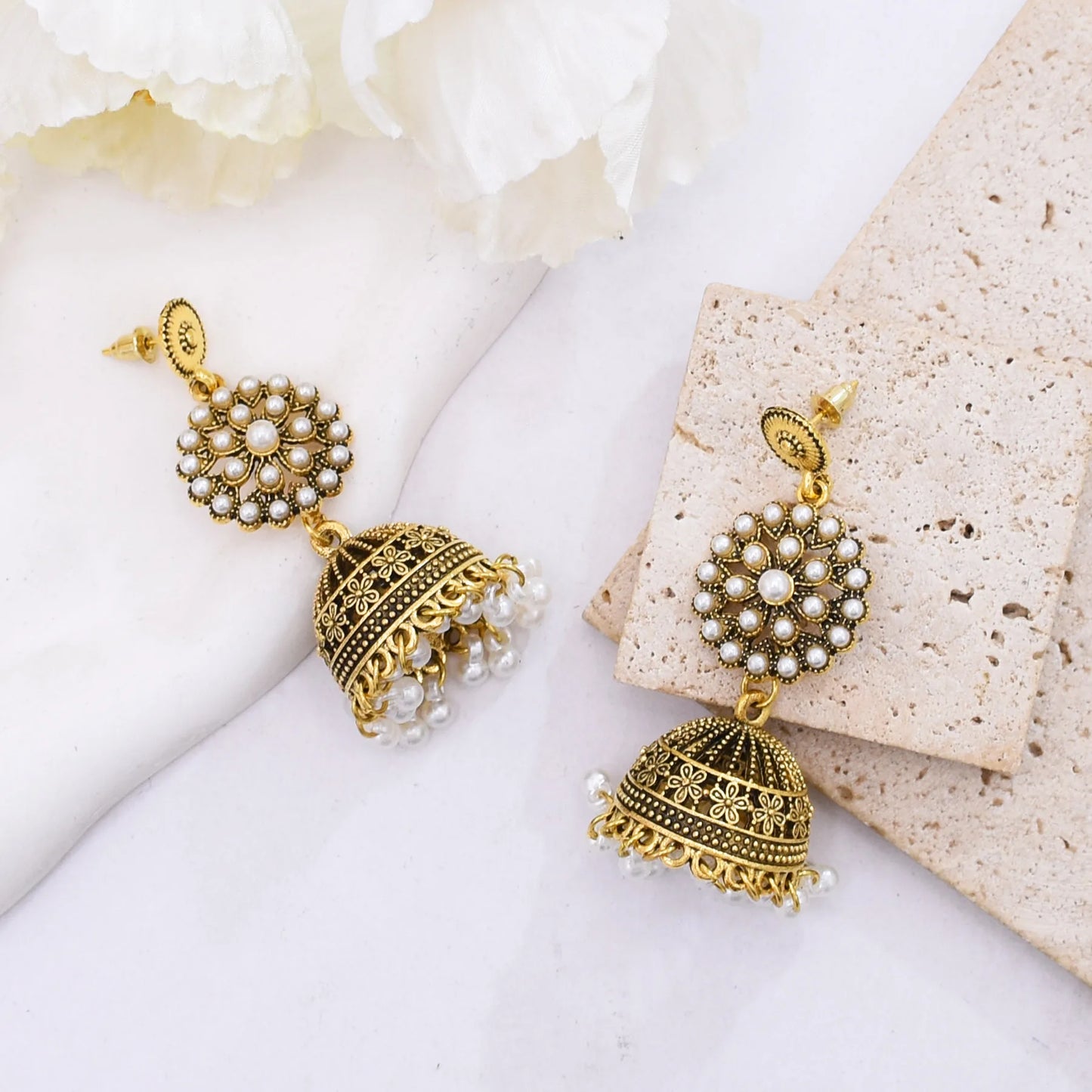 M&T Wear - Traditional Indian Jhumka Earrings for Women | Vintage Peacock Bell Design with Pearl Beads